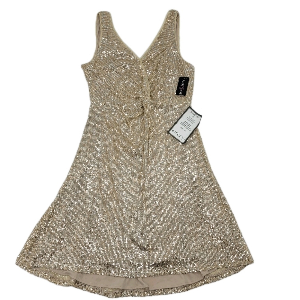 Alex & Eve Alex Evenings Dress Gold Metallic Sequin Sleeveless Wedding Sz 12 NEW